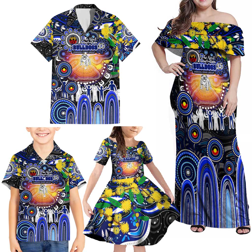 Personalised NAIDOC Week 2025 Bulldogs Rugby Family Matching Off Shoulder Maxi Dress and Hawaiian Shirt Aboriginal Dot Painting