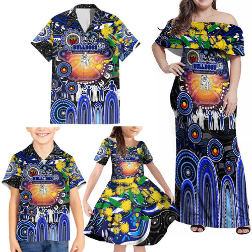 Personalised NAIDOC Week 2025 Bulldogs Rugby Family Matching Off Shoulder Maxi Dress and Hawaiian Shirt Aboriginal Dot Painting