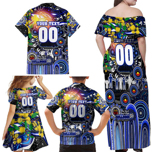 Personalised NAIDOC Week 2025 Bulldogs Rugby Family Matching Off Shoulder Maxi Dress and Hawaiian Shirt Aboriginal Dot Painting