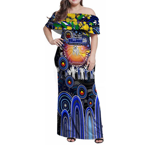 Personalised NAIDOC Week 2025 Bulldogs Rugby Family Matching Off Shoulder Maxi Dress and Hawaiian Shirt Aboriginal Dot Painting