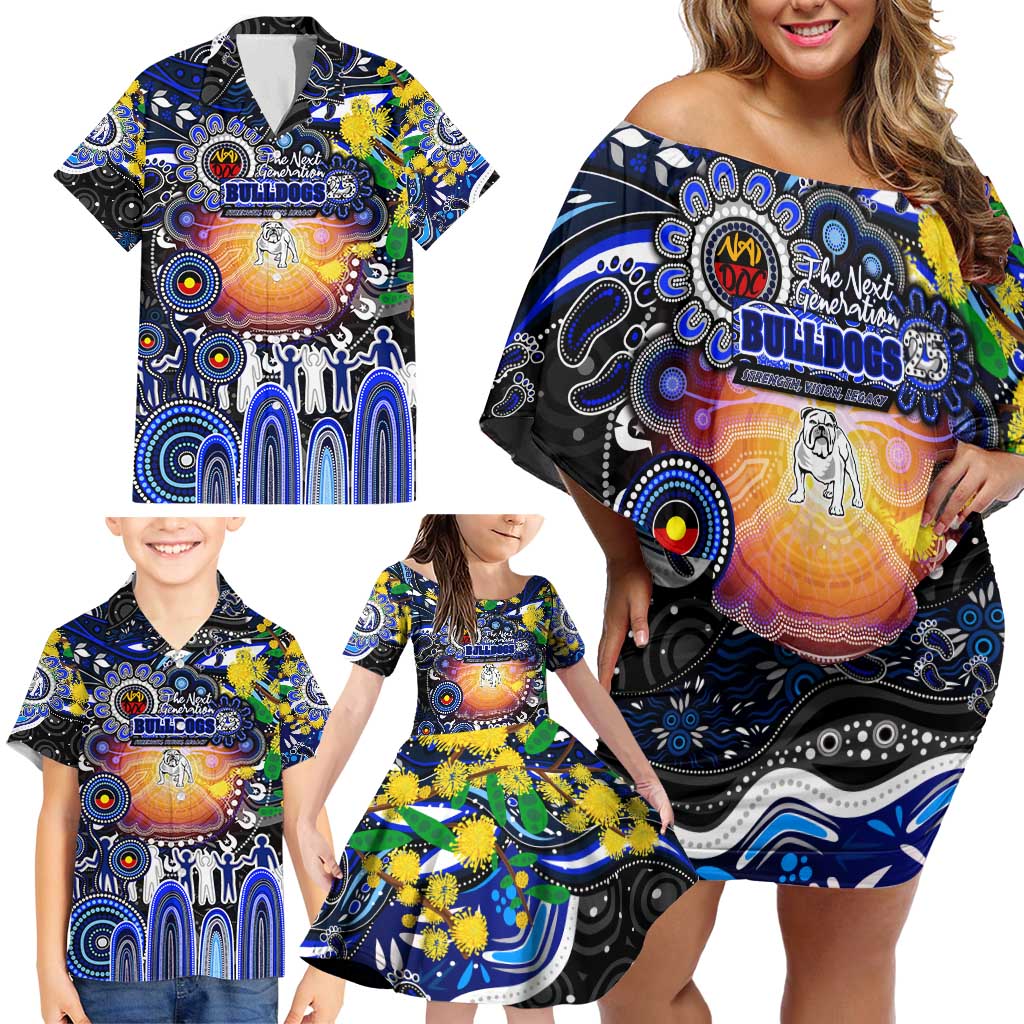 Personalised NAIDOC Week 2025 Bulldogs Rugby Family Matching Off Shoulder Short Dress and Hawaiian Shirt Aboriginal Dot Painting
