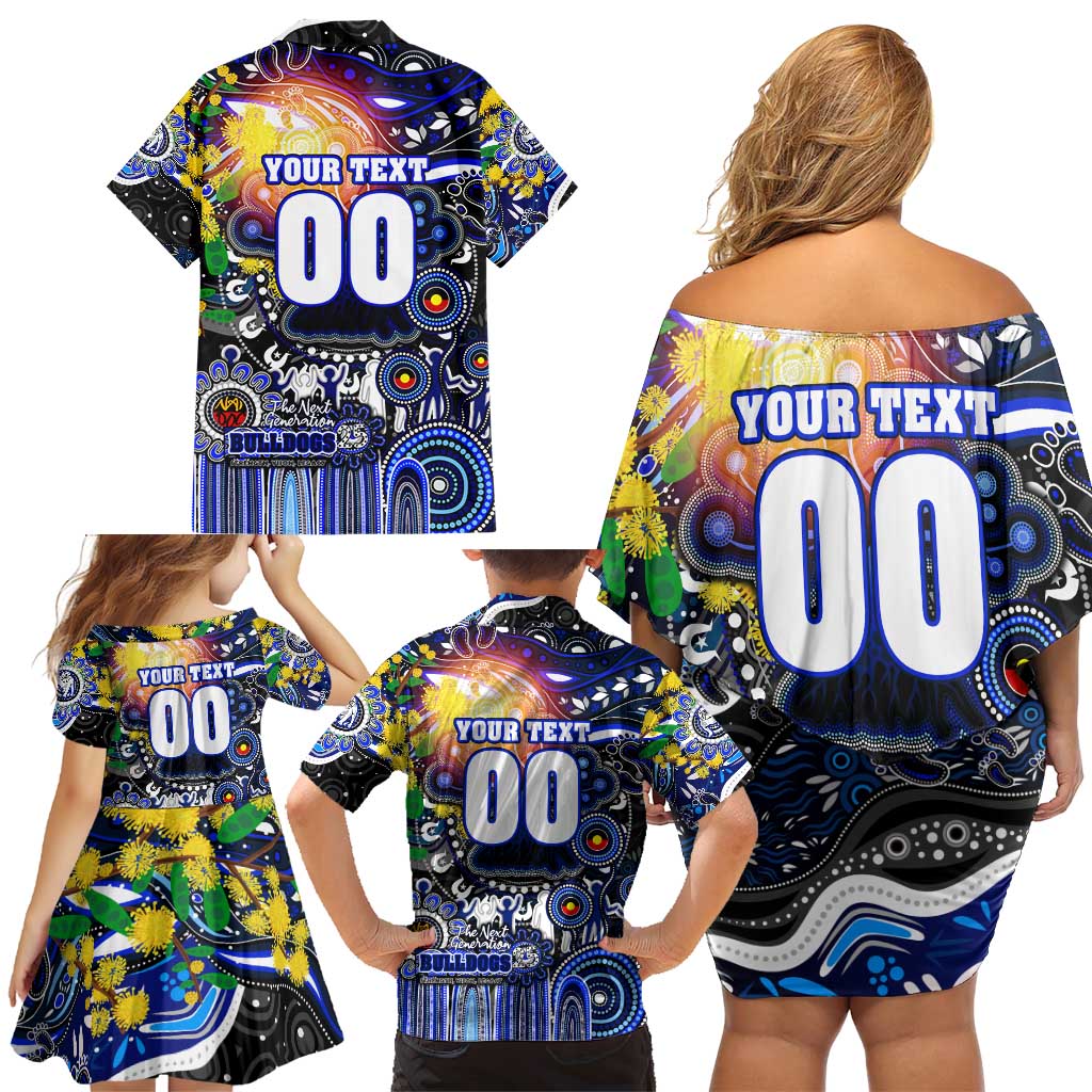 Personalised NAIDOC Week 2025 Bulldogs Rugby Family Matching Off Shoulder Short Dress and Hawaiian Shirt Aboriginal Dot Painting