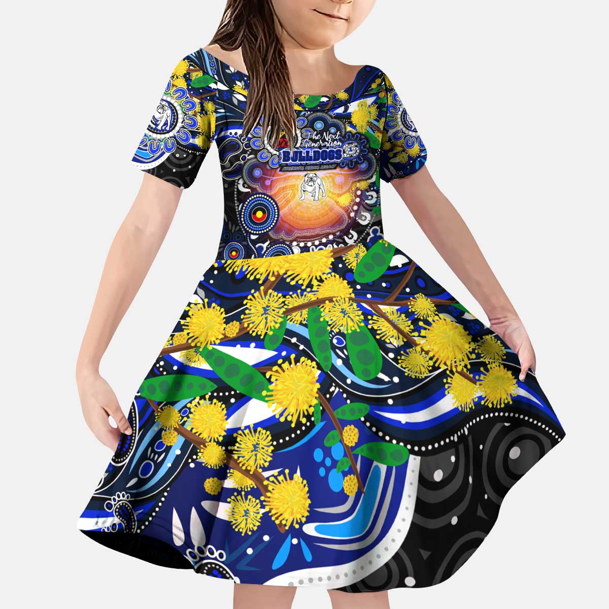 Personalised NAIDOC Week 2025 Bulldogs Rugby Kid Short Sleeve Dress Aboriginal Dot Painting