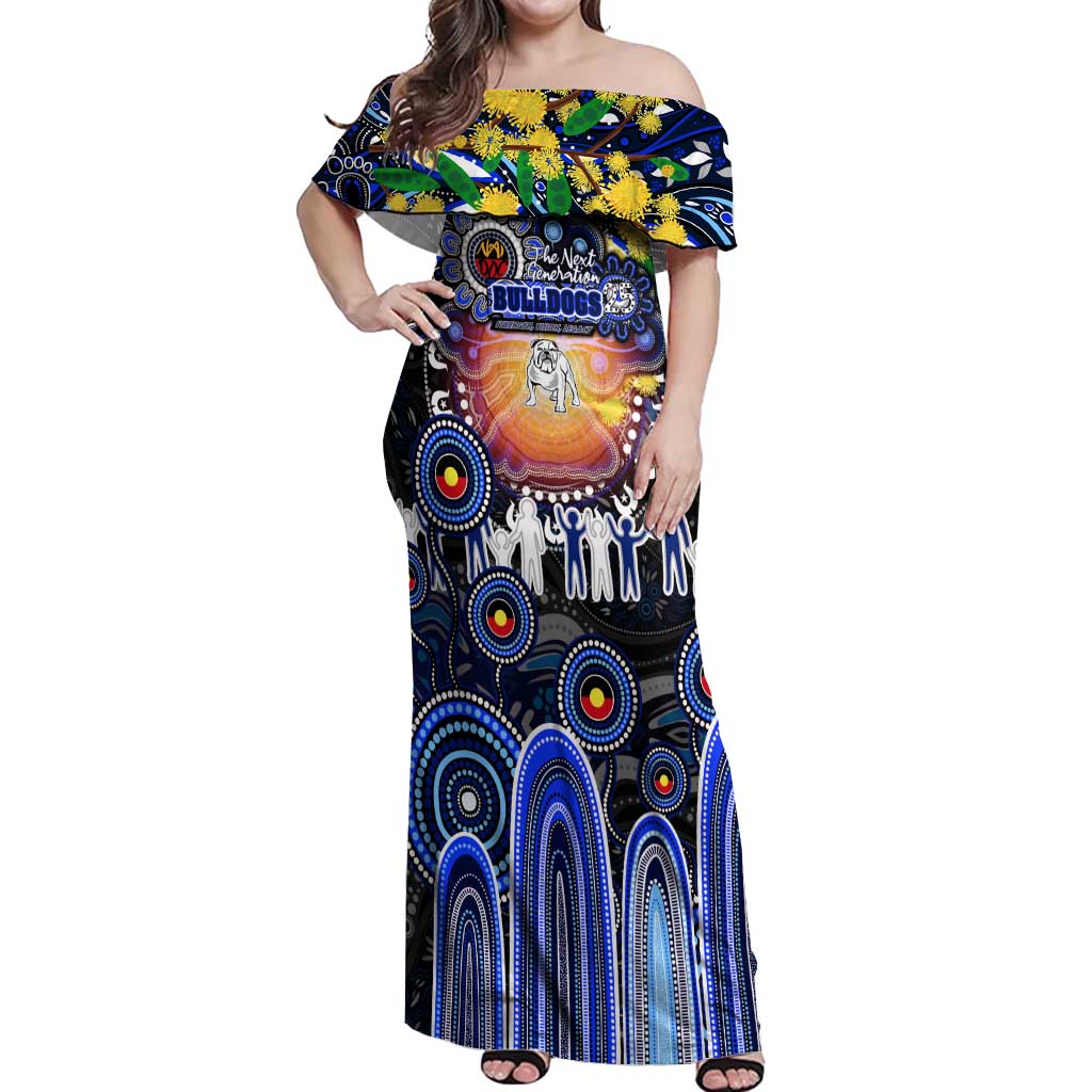 Personalised NAIDOC Week 2025 Bulldogs Rugby Off Shoulder Maxi Dress Aboriginal Dot Painting