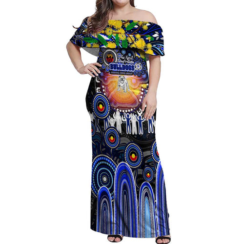 Personalised NAIDOC Week 2025 Bulldogs Rugby Off Shoulder Maxi Dress Aboriginal Dot Painting