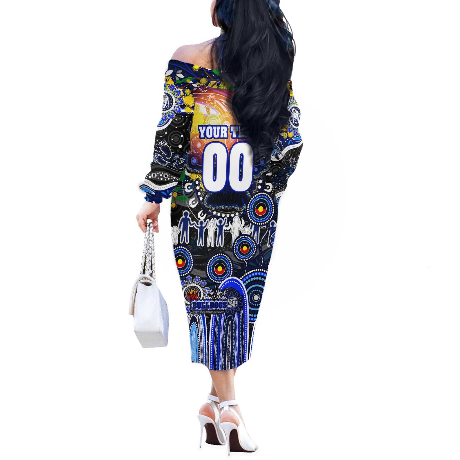 Personalised NAIDOC Week 2025 Bulldogs Rugby Off The Shoulder Long Sleeve Dress Aboriginal Dot Painting