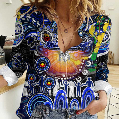Personalised NAIDOC Week 2025 Bulldogs Rugby Women Casual Shirt Aboriginal Dot Painting