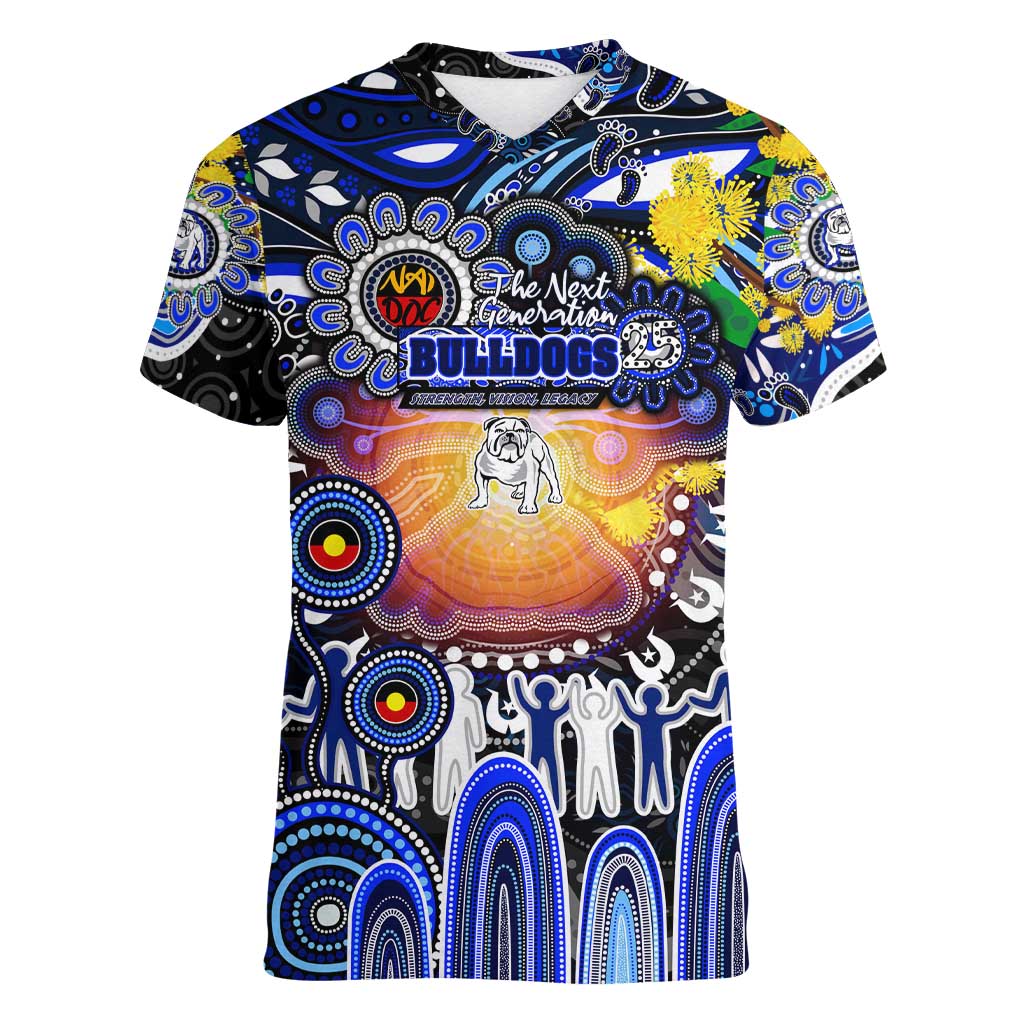 Personalised NAIDOC Week 2025 Bulldogs Rugby Women V-Neck T-Shirt Aboriginal Dot Painting