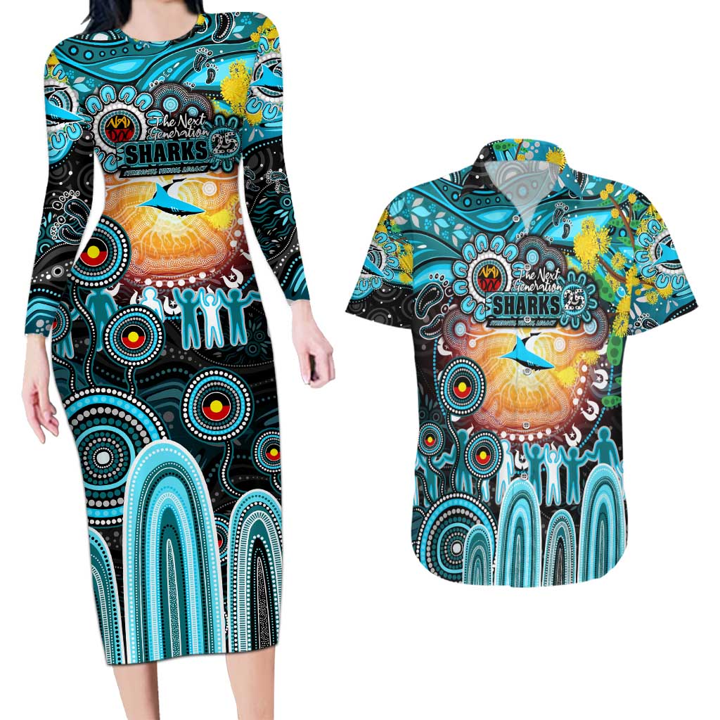 Personalised NAIDOC Week 2025 Sharks Rugby Couples Matching Long Sleeve Bodycon Dress and Hawaiian Shirt Aboriginal Dot Painting