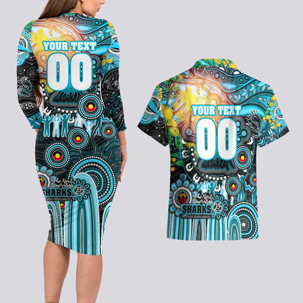 Personalised NAIDOC Week 2025 Sharks Rugby Couples Matching Long Sleeve Bodycon Dress and Hawaiian Shirt Aboriginal Dot Painting