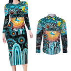 Personalised NAIDOC Week 2025 Sharks Rugby Couples Matching Long Sleeve Bodycon Dress and Long Sleeve Button Shirt Aboriginal Dot Painting