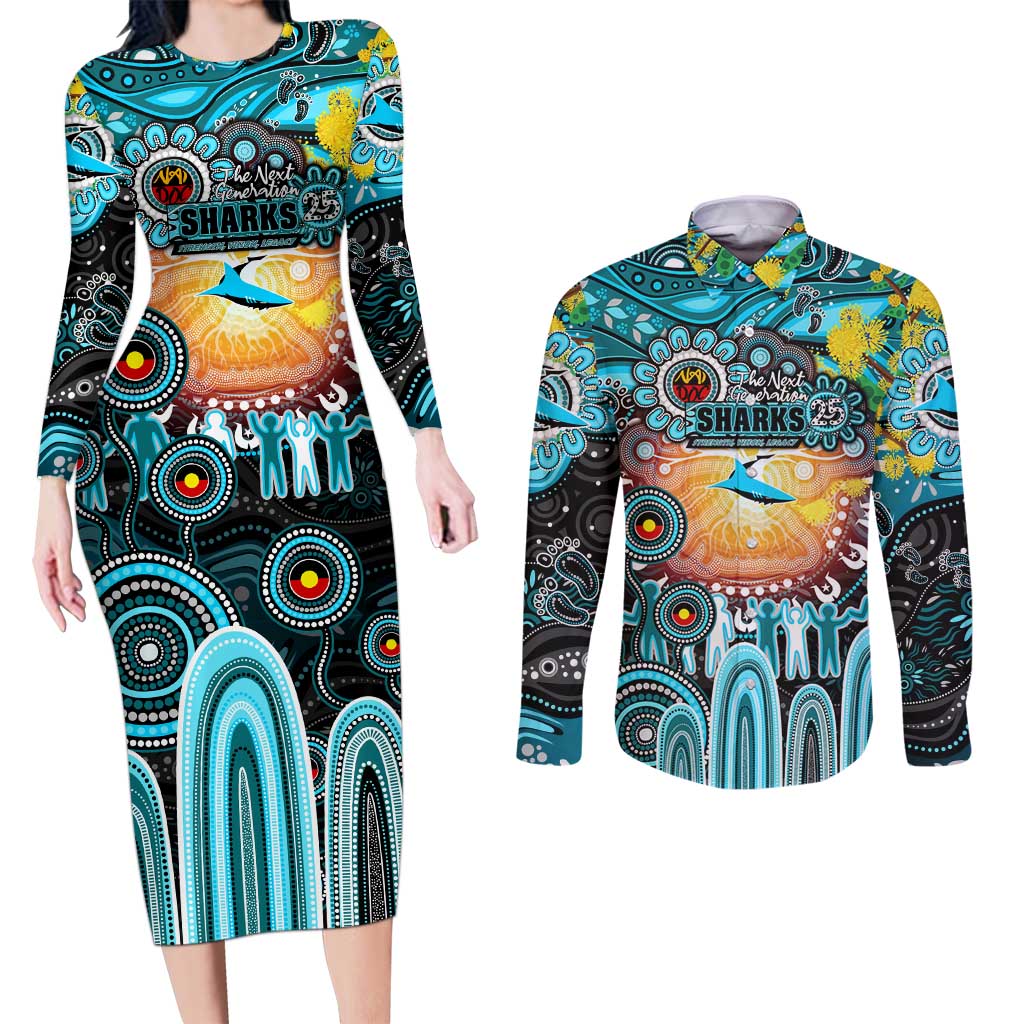 Personalised NAIDOC Week 2025 Sharks Rugby Couples Matching Long Sleeve Bodycon Dress and Long Sleeve Button Shirt Aboriginal Dot Painting