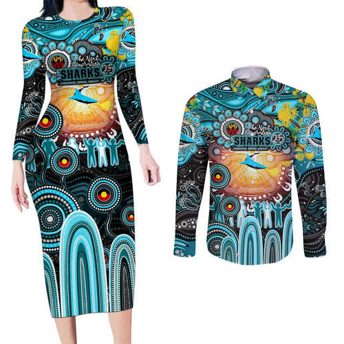 Personalised NAIDOC Week 2025 Sharks Rugby Couples Matching Long Sleeve Bodycon Dress and Long Sleeve Button Shirt Aboriginal Dot Painting