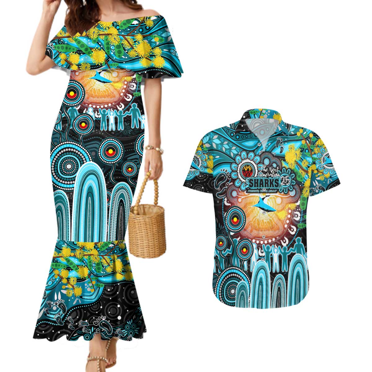 Personalised NAIDOC Week 2025 Sharks Rugby Couples Matching Mermaid Dress and Hawaiian Shirt Aboriginal Dot Painting