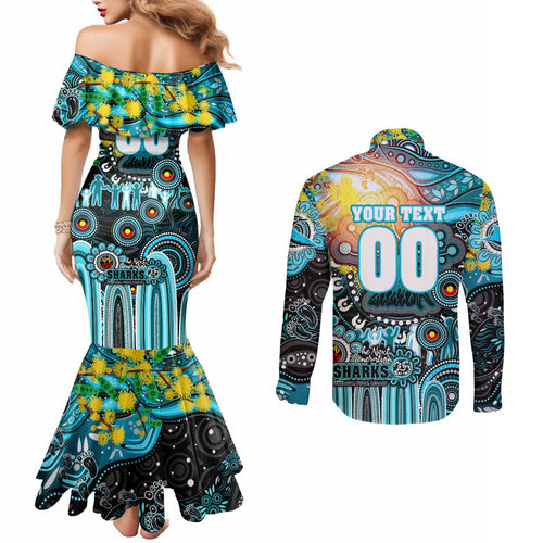 Personalised NAIDOC Week 2025 Sharks Rugby Couples Matching Mermaid Dress and Long Sleeve Button Shirt Aboriginal Dot Painting