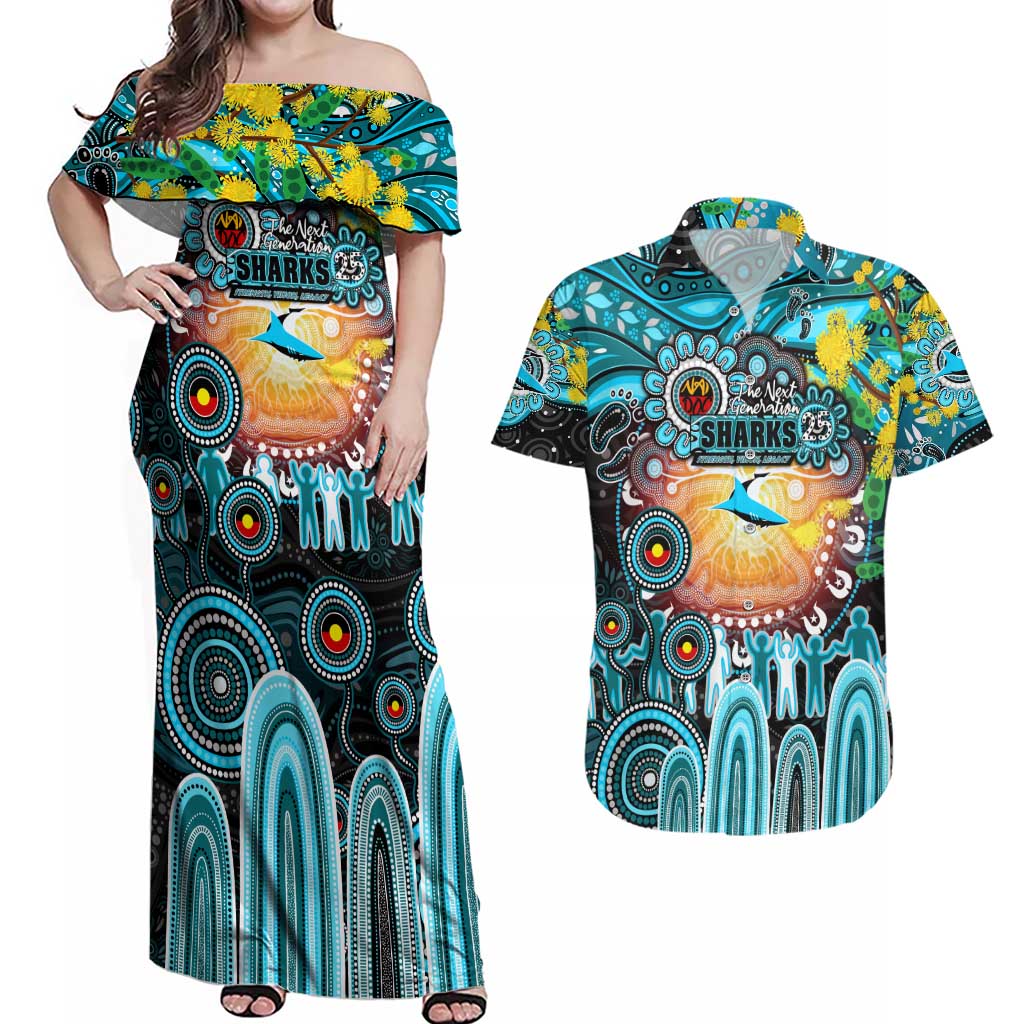 Personalised NAIDOC Week 2025 Sharks Rugby Couples Matching Off Shoulder Maxi Dress and Hawaiian Shirt Aboriginal Dot Painting