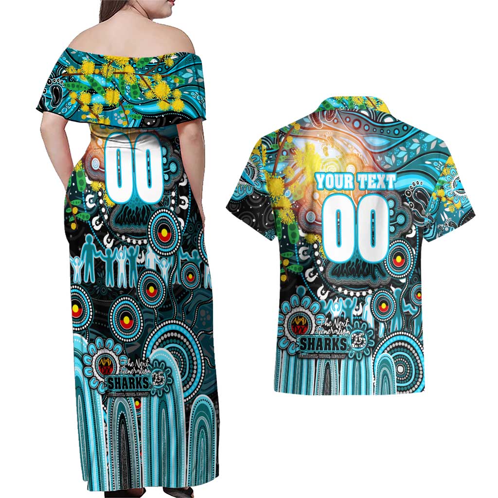 Personalised NAIDOC Week 2025 Sharks Rugby Couples Matching Off Shoulder Maxi Dress and Hawaiian Shirt Aboriginal Dot Painting
