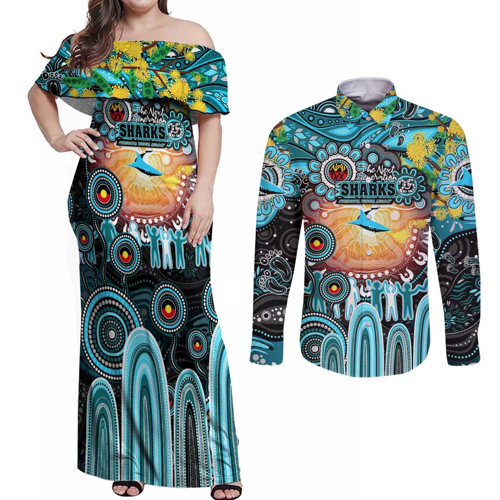 Personalised NAIDOC Week 2025 Sharks Rugby Couples Matching Off Shoulder Maxi Dress and Long Sleeve Button Shirt Aboriginal Dot Painting