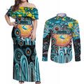 Personalised NAIDOC Week 2025 Sharks Rugby Couples Matching Off Shoulder Maxi Dress and Long Sleeve Button Shirt Aboriginal Dot Painting