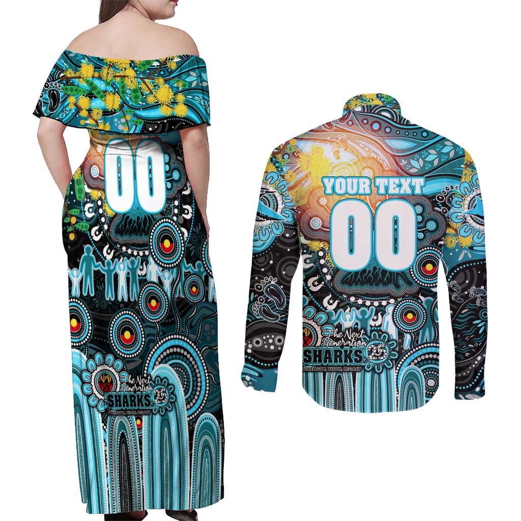 Personalised NAIDOC Week 2025 Sharks Rugby Couples Matching Off Shoulder Maxi Dress and Long Sleeve Button Shirt Aboriginal Dot Painting