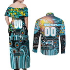Personalised NAIDOC Week 2025 Sharks Rugby Couples Matching Off Shoulder Maxi Dress and Long Sleeve Button Shirt Aboriginal Dot Painting