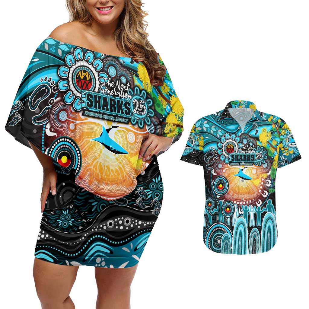Personalised NAIDOC Week 2025 Sharks Rugby Couples Matching Off Shoulder Short Dress and Hawaiian Shirt Aboriginal Dot Painting