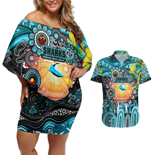Personalised NAIDOC Week 2025 Sharks Rugby Couples Matching Off Shoulder Short Dress and Hawaiian Shirt Aboriginal Dot Painting