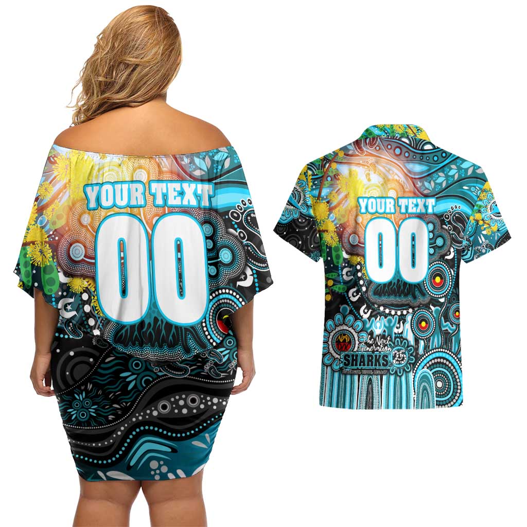 Personalised NAIDOC Week 2025 Sharks Rugby Couples Matching Off Shoulder Short Dress and Hawaiian Shirt Aboriginal Dot Painting