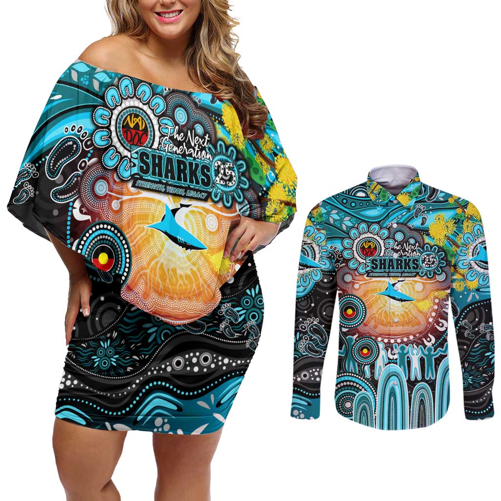 Personalised NAIDOC Week 2025 Sharks Rugby Couples Matching Off Shoulder Short Dress and Long Sleeve Button Shirt Aboriginal Dot Painting