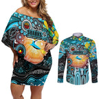 Personalised NAIDOC Week 2025 Sharks Rugby Couples Matching Off Shoulder Short Dress and Long Sleeve Button Shirt Aboriginal Dot Painting