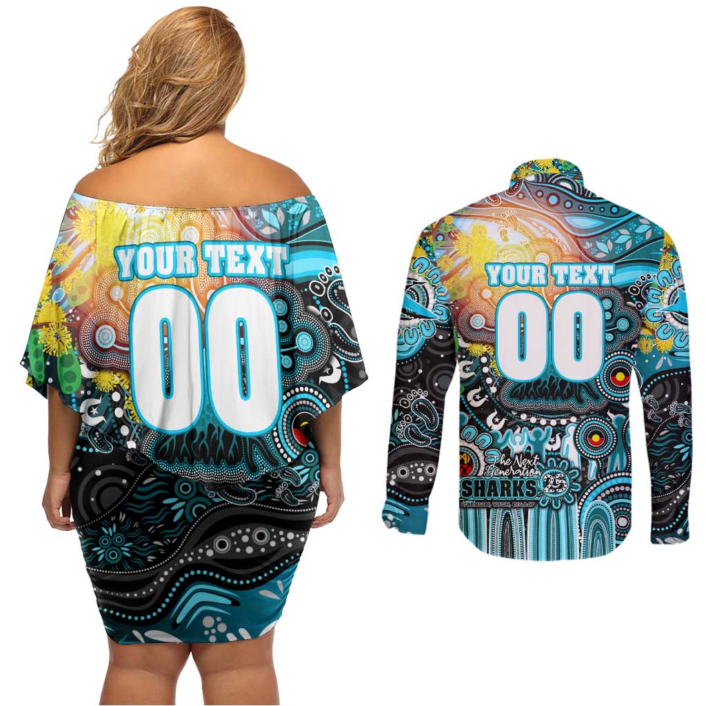 Personalised NAIDOC Week 2025 Sharks Rugby Couples Matching Off Shoulder Short Dress and Long Sleeve Button Shirt Aboriginal Dot Painting