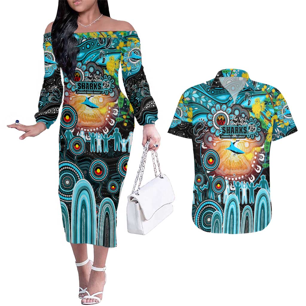 Personalised NAIDOC Week 2025 Sharks Rugby Couples Matching Off The Shoulder Long Sleeve Dress and Hawaiian Shirt Aboriginal Dot Painting