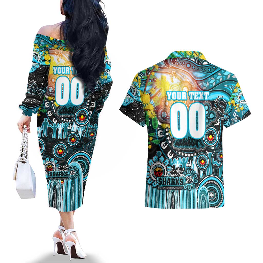 Personalised NAIDOC Week 2025 Sharks Rugby Couples Matching Off The Shoulder Long Sleeve Dress and Hawaiian Shirt Aboriginal Dot Painting
