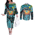 Personalised NAIDOC Week 2025 Sharks Rugby Couples Matching Off The Shoulder Long Sleeve Dress and Long Sleeve Button Shirt Aboriginal Dot Painting