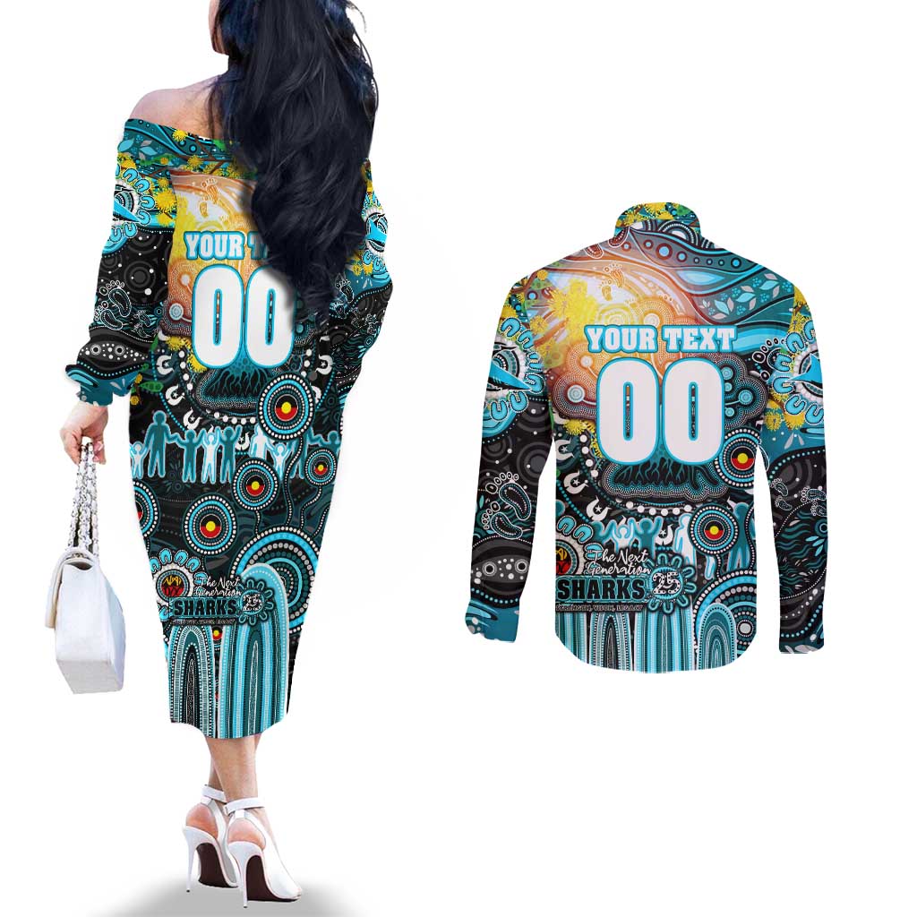 Personalised NAIDOC Week 2025 Sharks Rugby Couples Matching Off The Shoulder Long Sleeve Dress and Long Sleeve Button Shirt Aboriginal Dot Painting