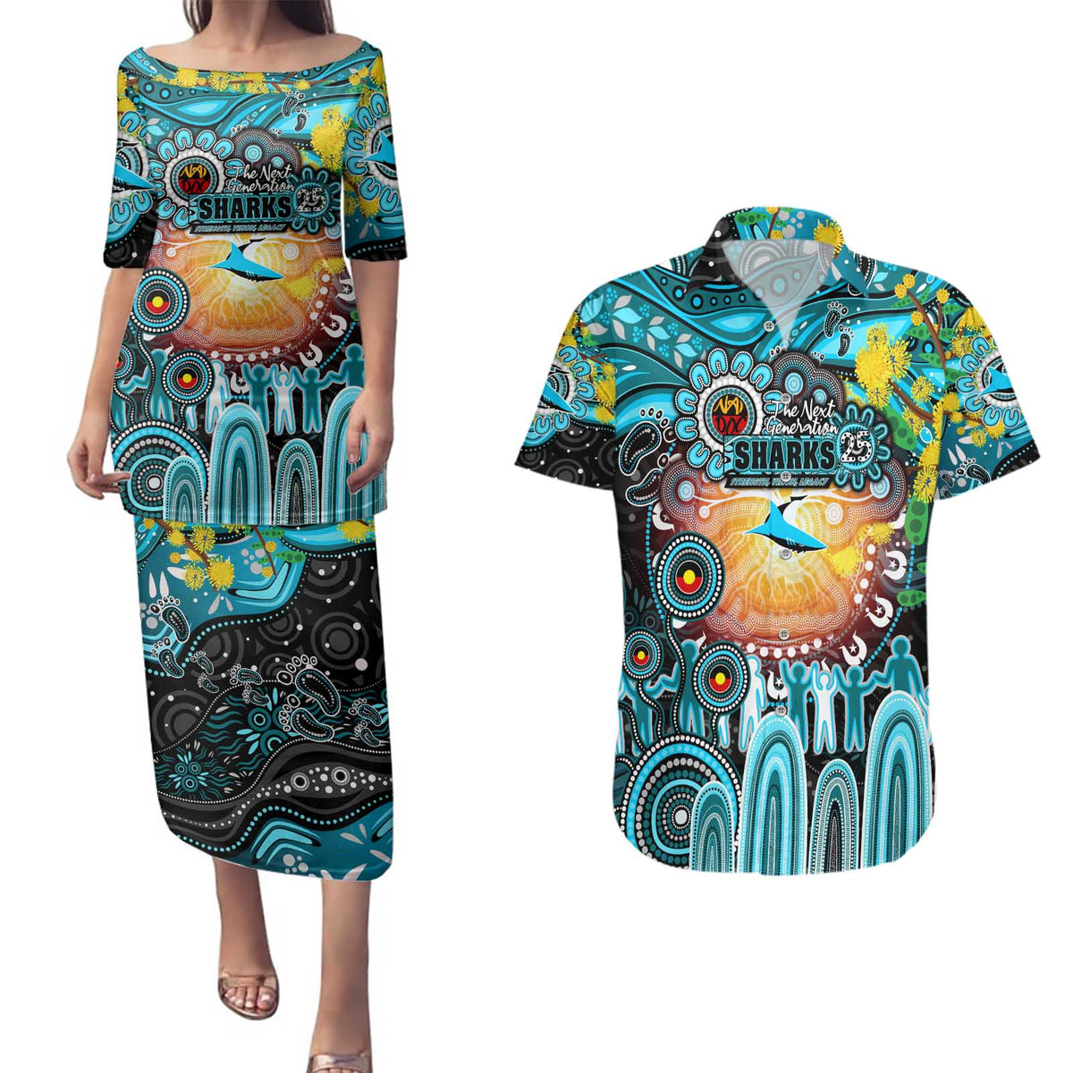 Personalised NAIDOC Week 2025 Sharks Rugby Couples Matching Puletasi and Hawaiian Shirt Aboriginal Dot Painting
