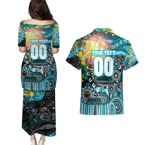 Personalised NAIDOC Week 2025 Sharks Rugby Couples Matching Puletasi and Hawaiian Shirt Aboriginal Dot Painting