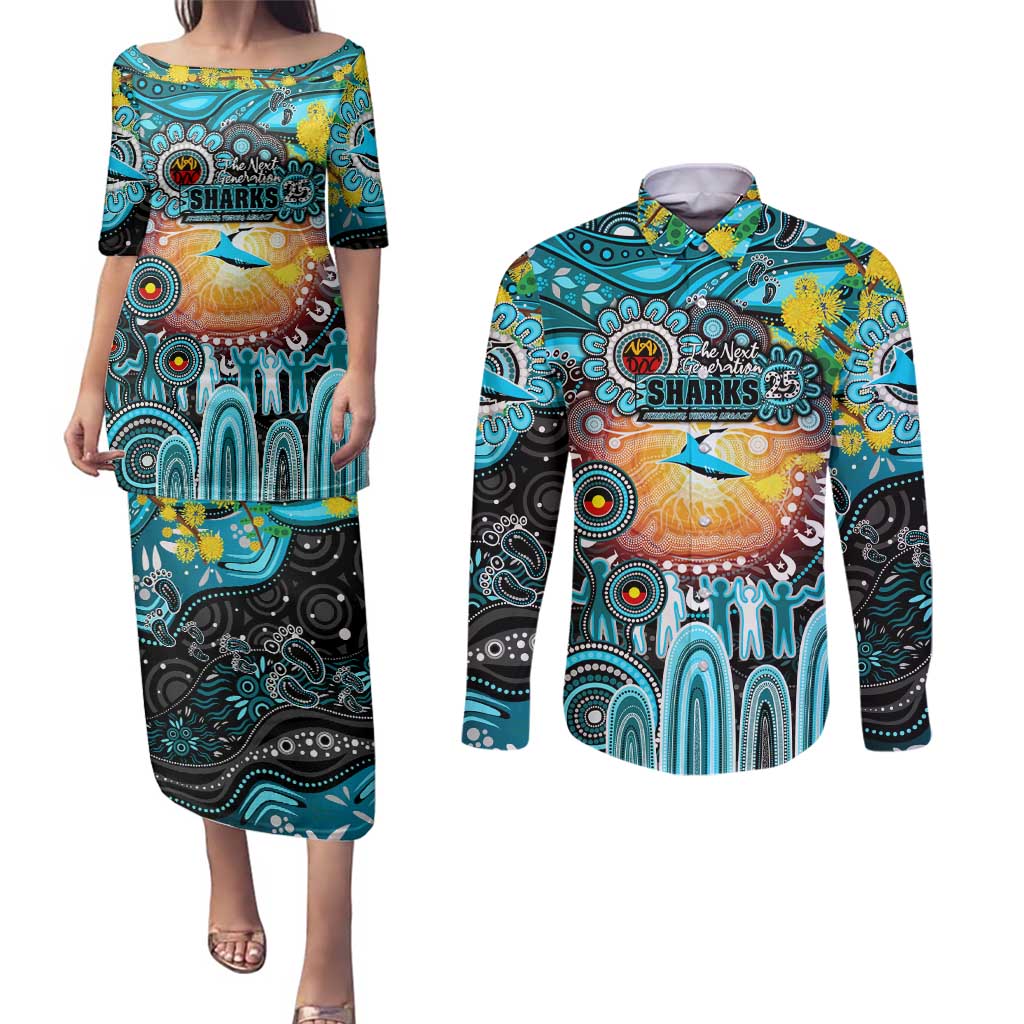 Personalised NAIDOC Week 2025 Sharks Rugby Couples Matching Puletasi and Long Sleeve Button Shirt Aboriginal Dot Painting