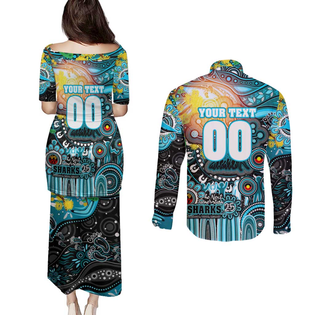 Personalised NAIDOC Week 2025 Sharks Rugby Couples Matching Puletasi and Long Sleeve Button Shirt Aboriginal Dot Painting