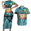 Personalised NAIDOC Week 2025 Sharks Rugby Couples Matching Short Sleeve Bodycon Dress and Hawaiian Shirt Aboriginal Dot Painting