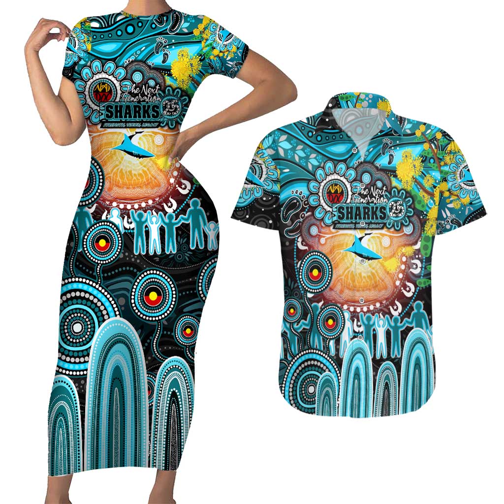 Personalised NAIDOC Week 2025 Sharks Rugby Couples Matching Short Sleeve Bodycon Dress and Hawaiian Shirt Aboriginal Dot Painting