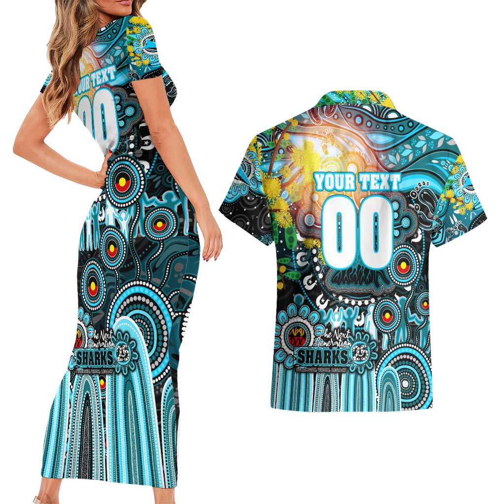 Personalised NAIDOC Week 2025 Sharks Rugby Couples Matching Short Sleeve Bodycon Dress and Hawaiian Shirt Aboriginal Dot Painting