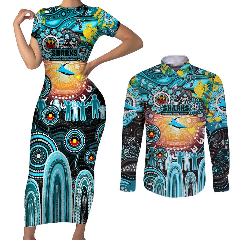 Personalised NAIDOC Week 2025 Sharks Rugby Couples Matching Short Sleeve Bodycon Dress and Long Sleeve Button Shirt Aboriginal Dot Painting