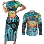 Personalised NAIDOC Week 2025 Sharks Rugby Couples Matching Short Sleeve Bodycon Dress and Long Sleeve Button Shirt Aboriginal Dot Painting