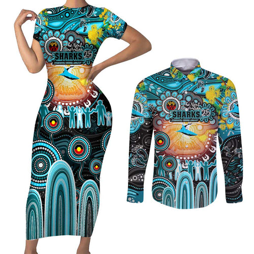 Personalised NAIDOC Week 2025 Sharks Rugby Couples Matching Short Sleeve Bodycon Dress and Long Sleeve Button Shirt Aboriginal Dot Painting