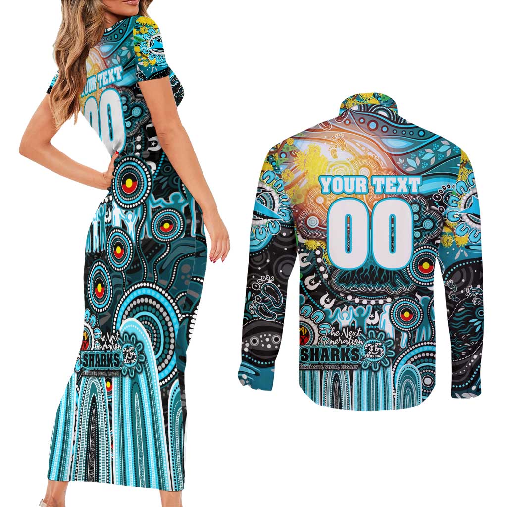 Personalised NAIDOC Week 2025 Sharks Rugby Couples Matching Short Sleeve Bodycon Dress and Long Sleeve Button Shirt Aboriginal Dot Painting