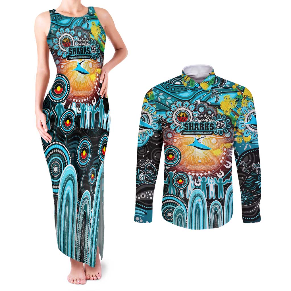 Personalised NAIDOC Week 2025 Sharks Rugby Couples Matching Tank Maxi Dress and Long Sleeve Button Shirt Aboriginal Dot Painting