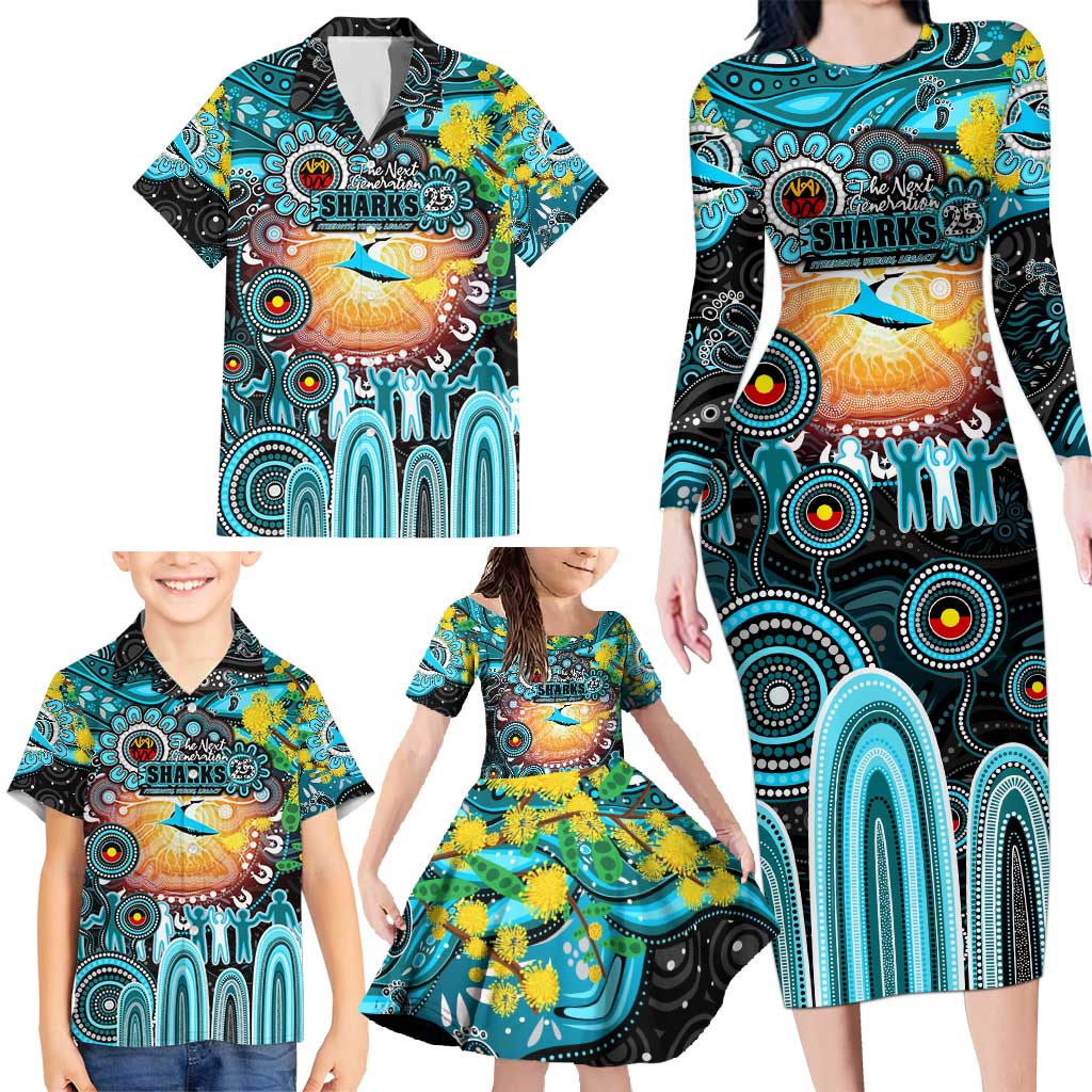 Personalised NAIDOC Week 2025 Sharks Rugby Family Matching Long Sleeve Bodycon Dress and Hawaiian Shirt Aboriginal Dot Painting