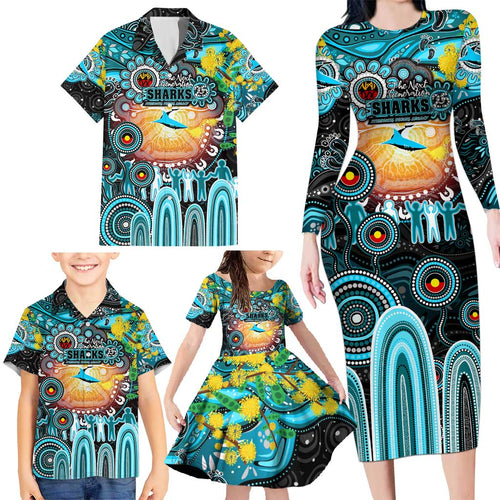 Personalised NAIDOC Week 2025 Sharks Rugby Family Matching Long Sleeve Bodycon Dress and Hawaiian Shirt Aboriginal Dot Painting