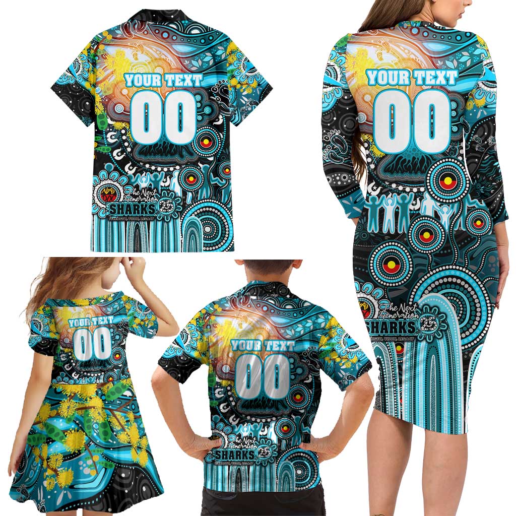 Personalised NAIDOC Week 2025 Sharks Rugby Family Matching Long Sleeve Bodycon Dress and Hawaiian Shirt Aboriginal Dot Painting